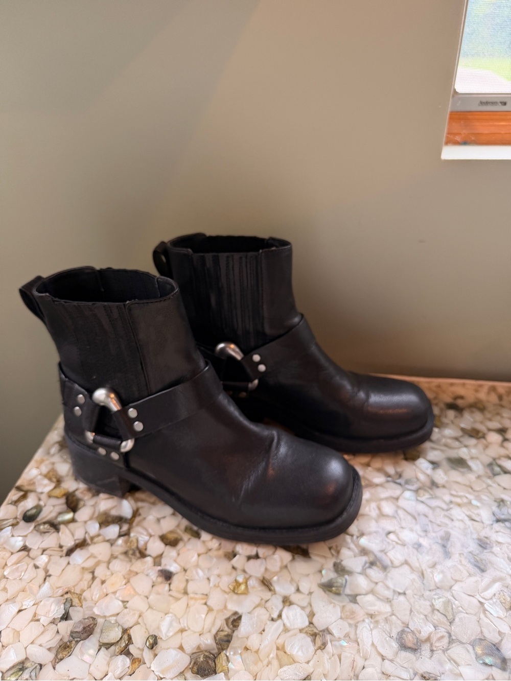 AEROSOLES Black Leather Ankle Harness Boots